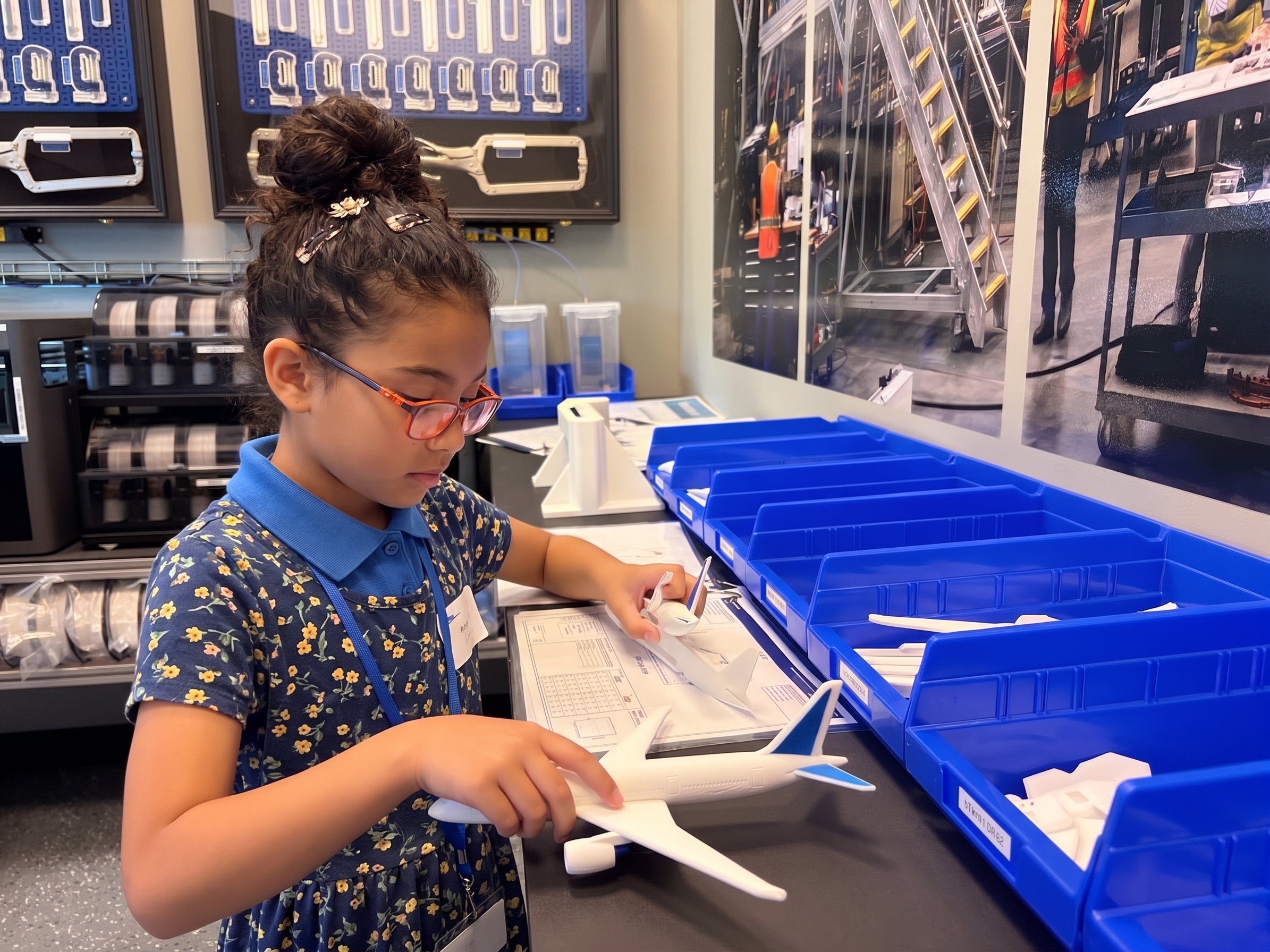 A student inspects a 3D-printed aircraft model at the Additive Manufacturing Center