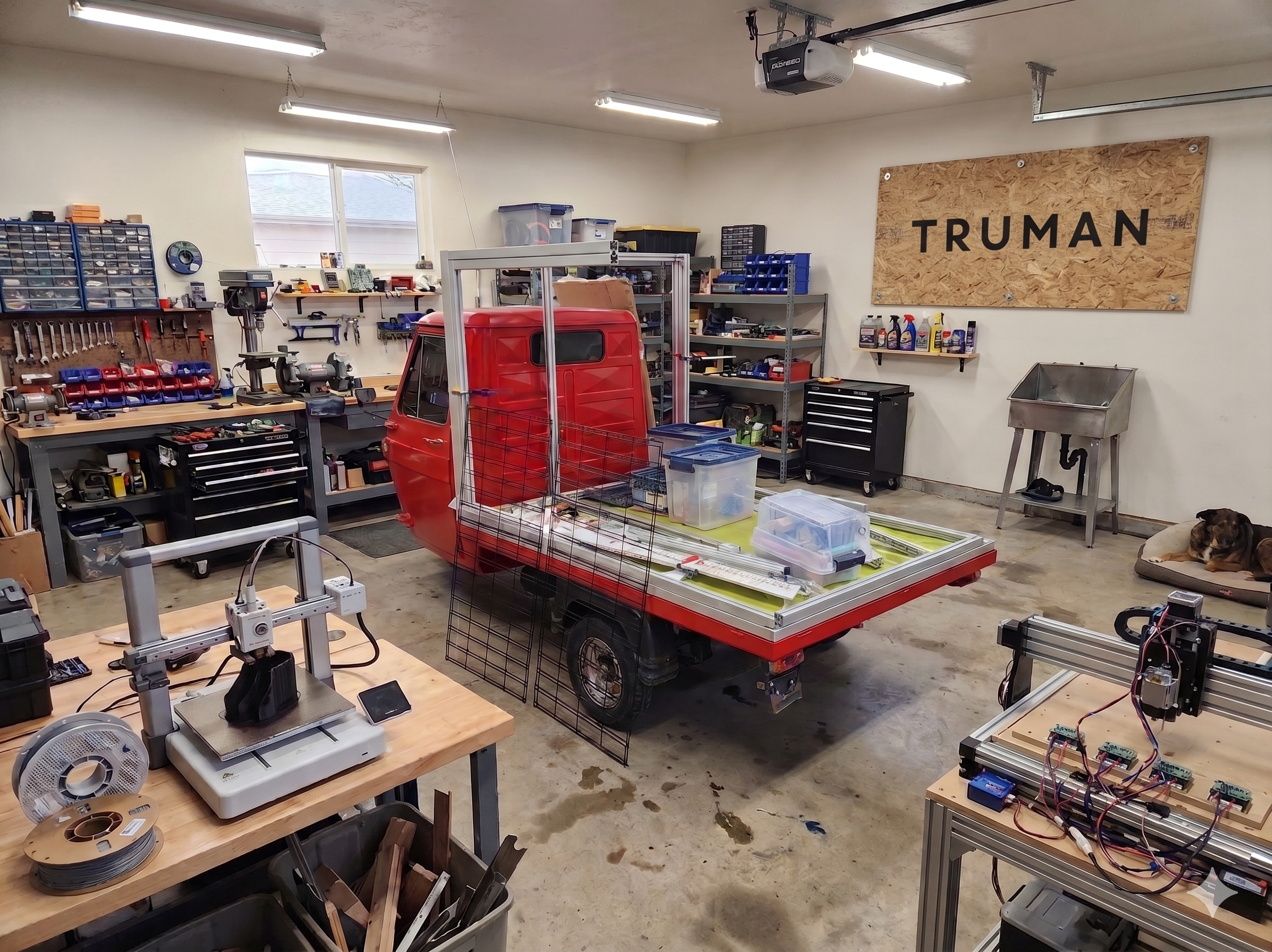 Mid-build in Truman’s shop — the retail superstructure and display grid taking shape on the stripped chassis