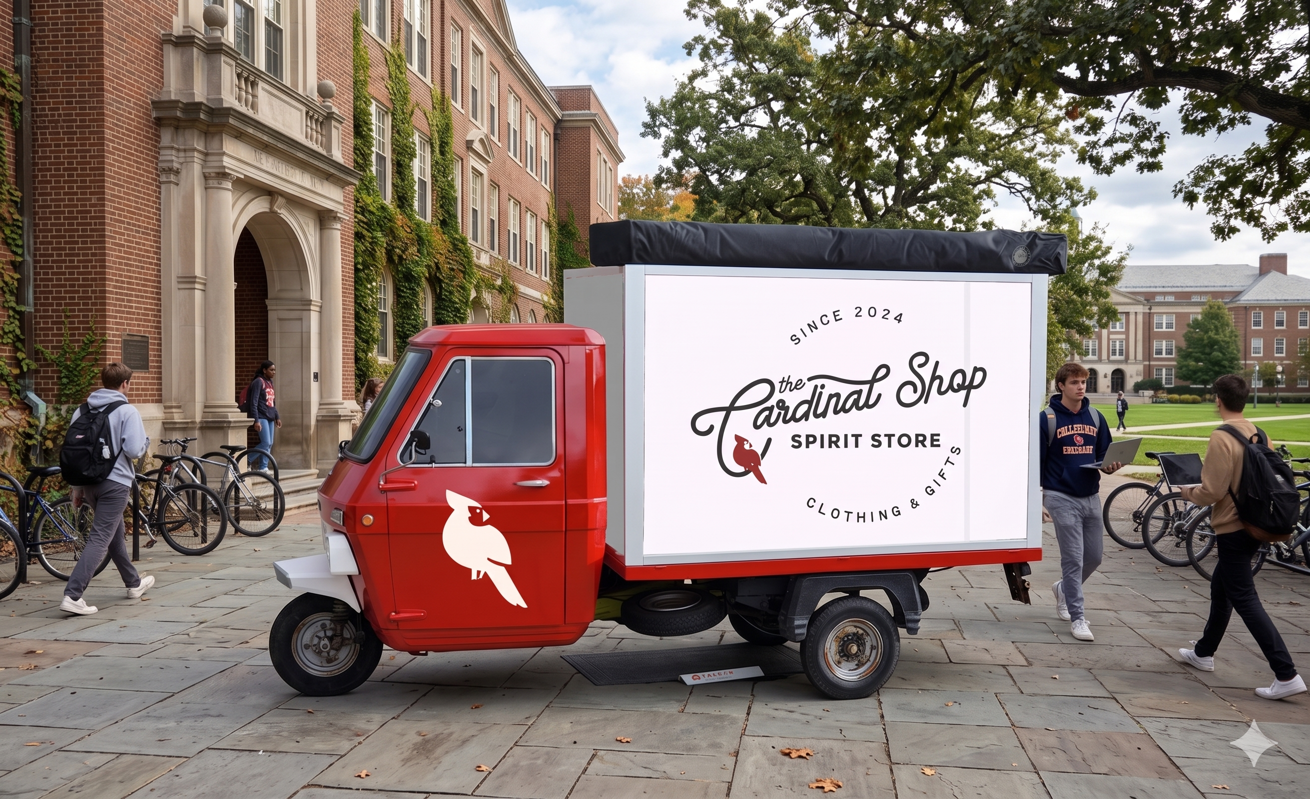 Closed and rolling through campus — a polished brand object, the Cardinal mark and Spirit Store wrap on full display