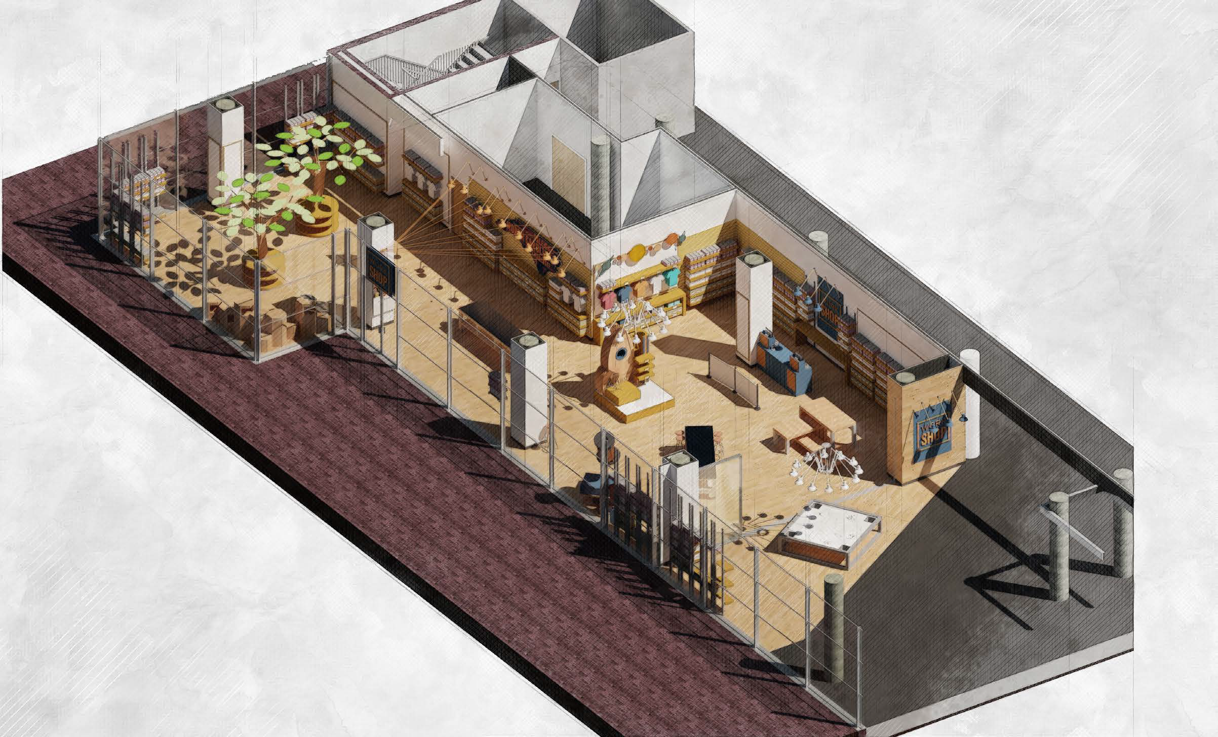 Cutaway study — the full store plan, from sculptural tree canopy to the Macroscope counter