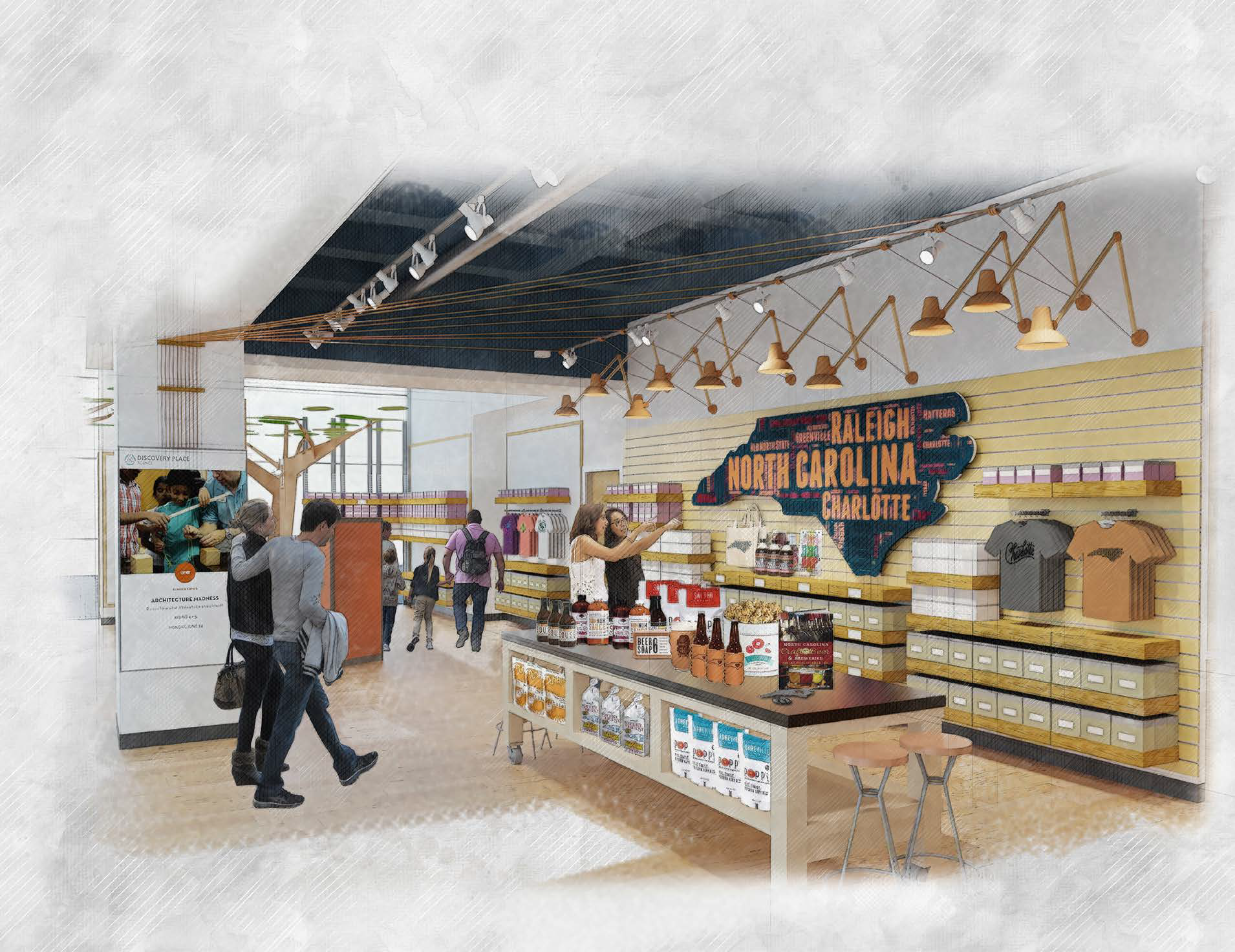 Concept rendering — North Carolina maker wall under an angled pendant rig of locally sourced goods