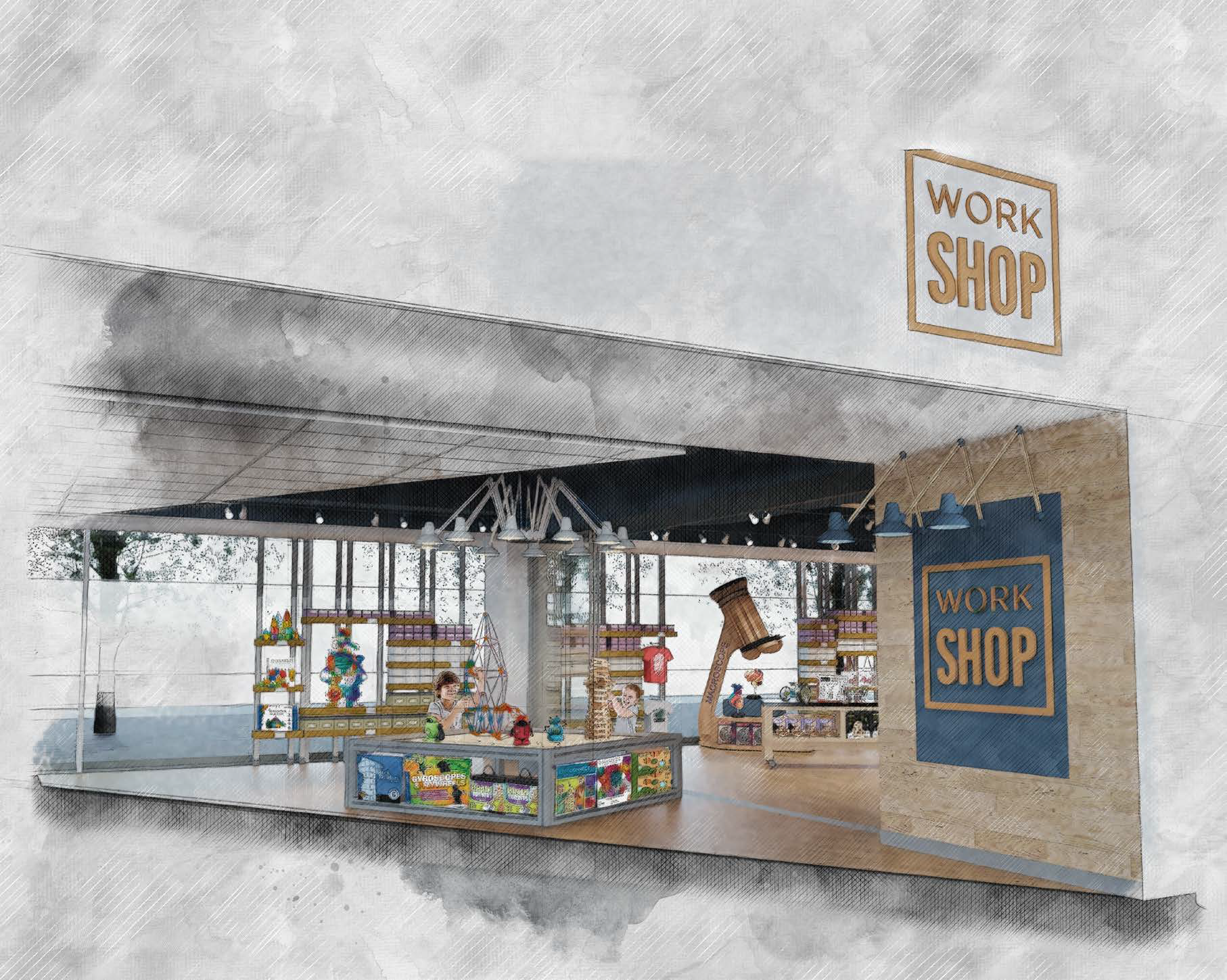 Concept rendering — the new “Work Shop” storefront, dimensional signage over an open hands-on demo bar