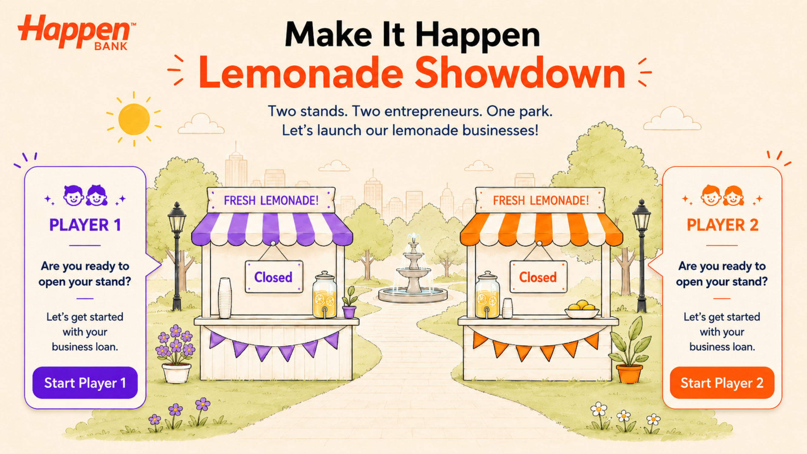 Lemonade Showdown game screen — two players start rival lemonade stands