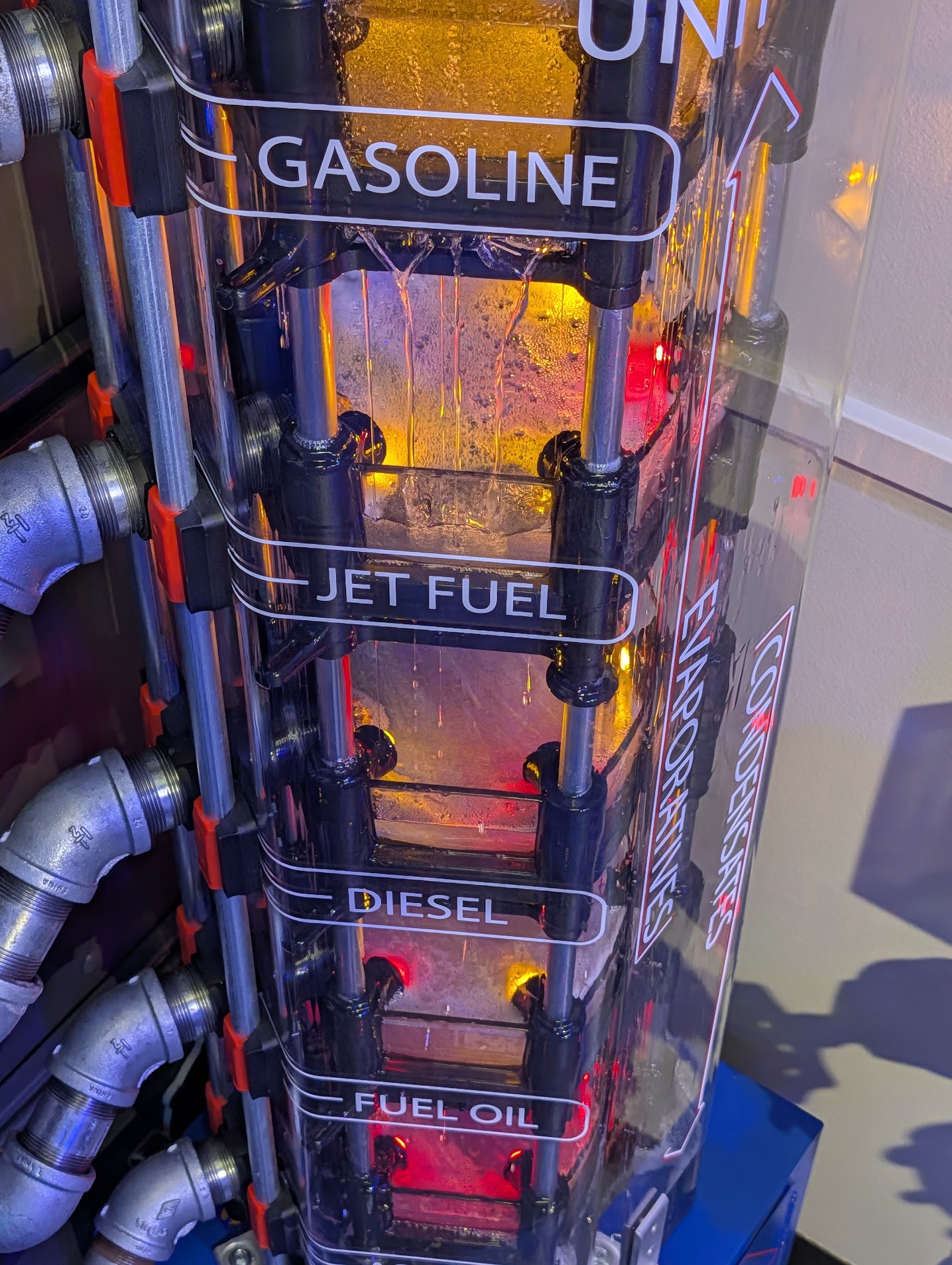 The backlit crude distillation unit — gasoline, jet fuel, diesel, fuel oil, asphalt — beside the refinery master control