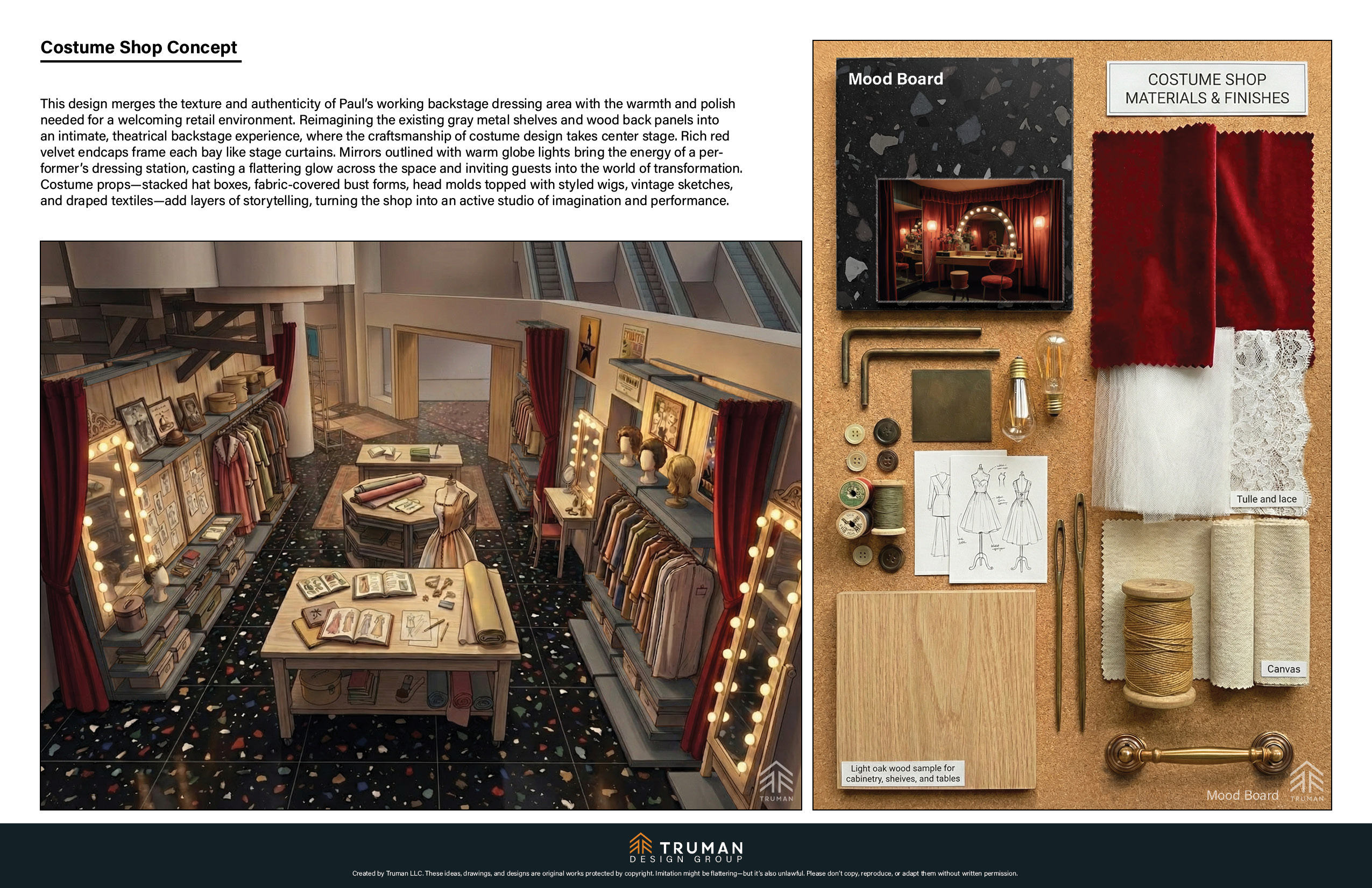 Costume Shop Concept board — theatrical backstage dressing-room retail bay with red velvet, globe-lit mirrors, and a materials and finishes mood board