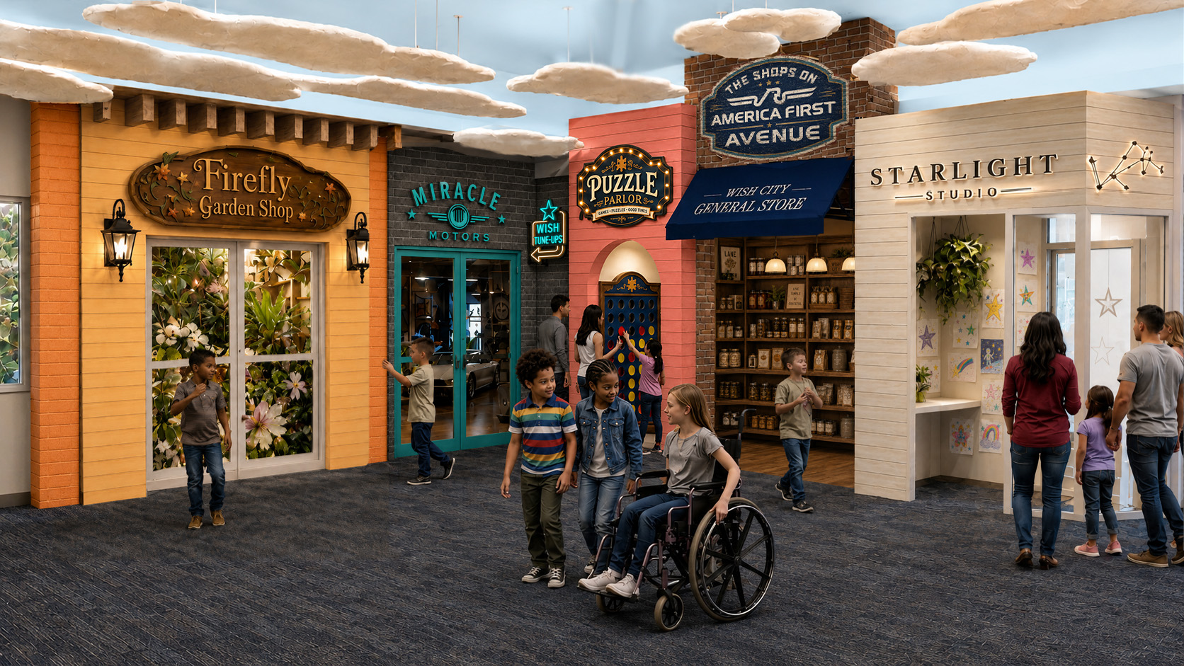 The Shops on America First Avenue — Firefly Garden Shop, Miracle Motors, Puzzle Parlor, the General Store, and Starlight Studio under a sky of hand-formed clouds