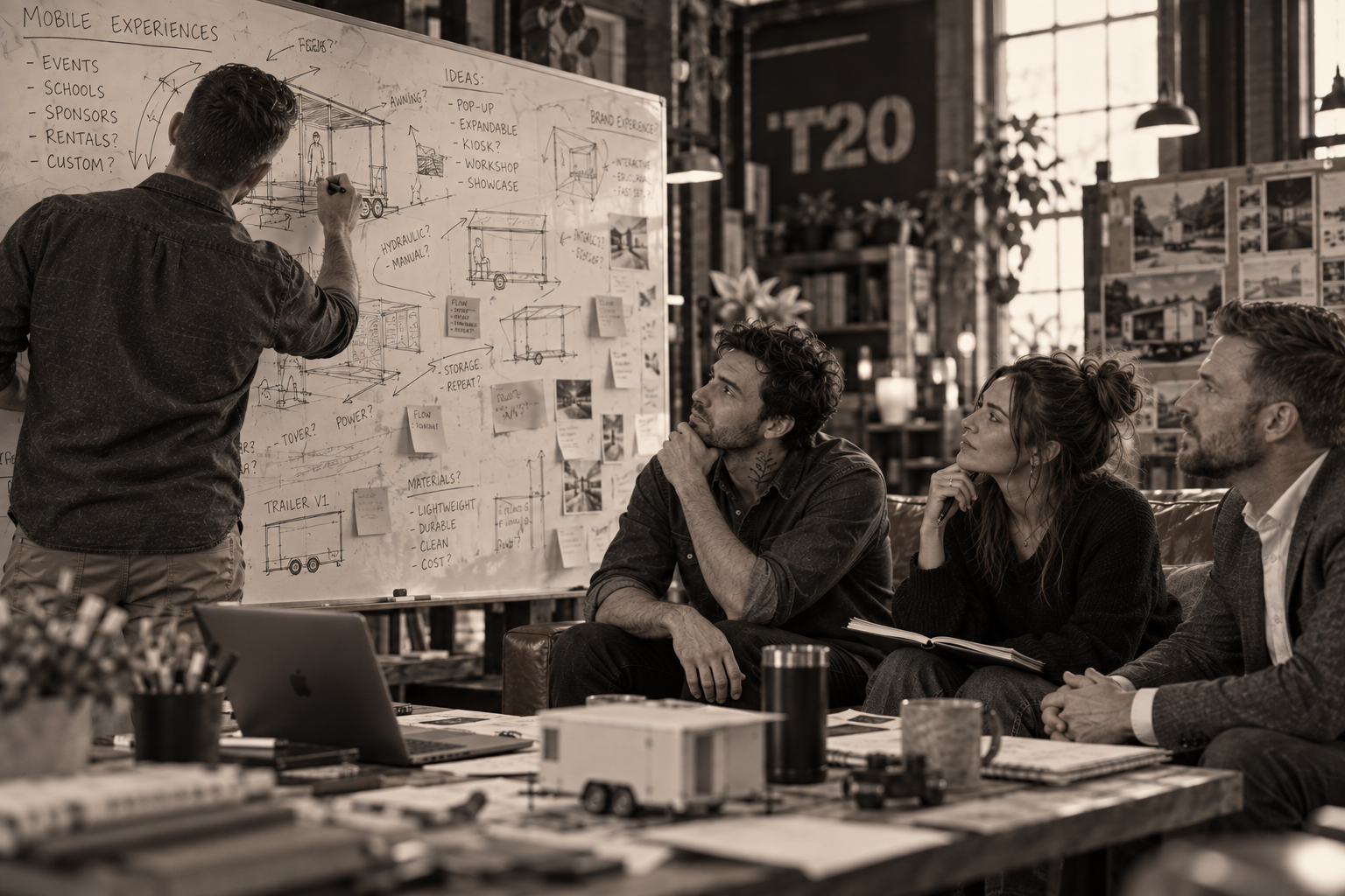 The Treble20 team sketching mobile trailer concepts on a whiteboard